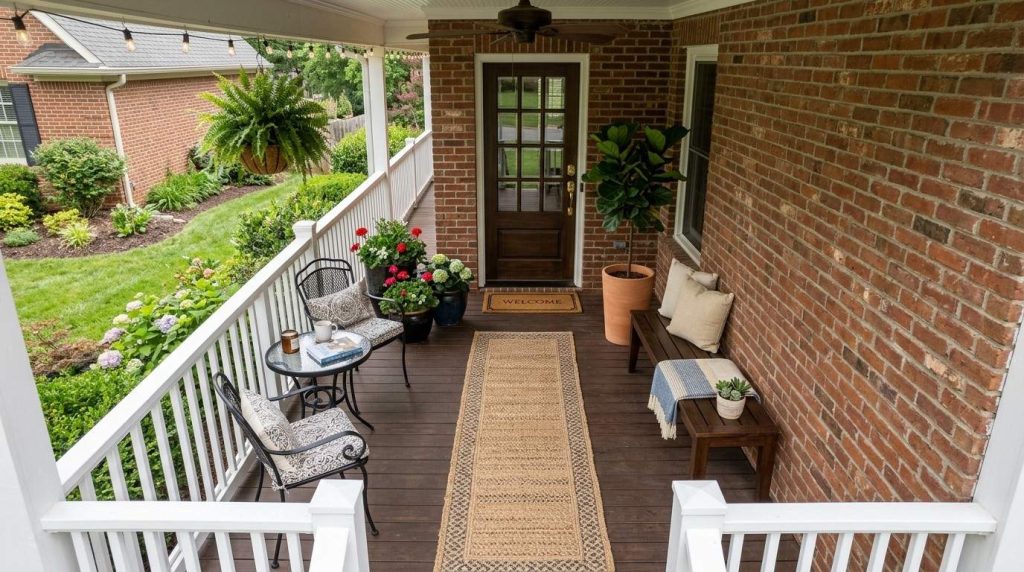 Narrow Front Porch Furniture Ideas featuring slim outdoor chairs, a compact bench, and space-saving décor on a small porch.