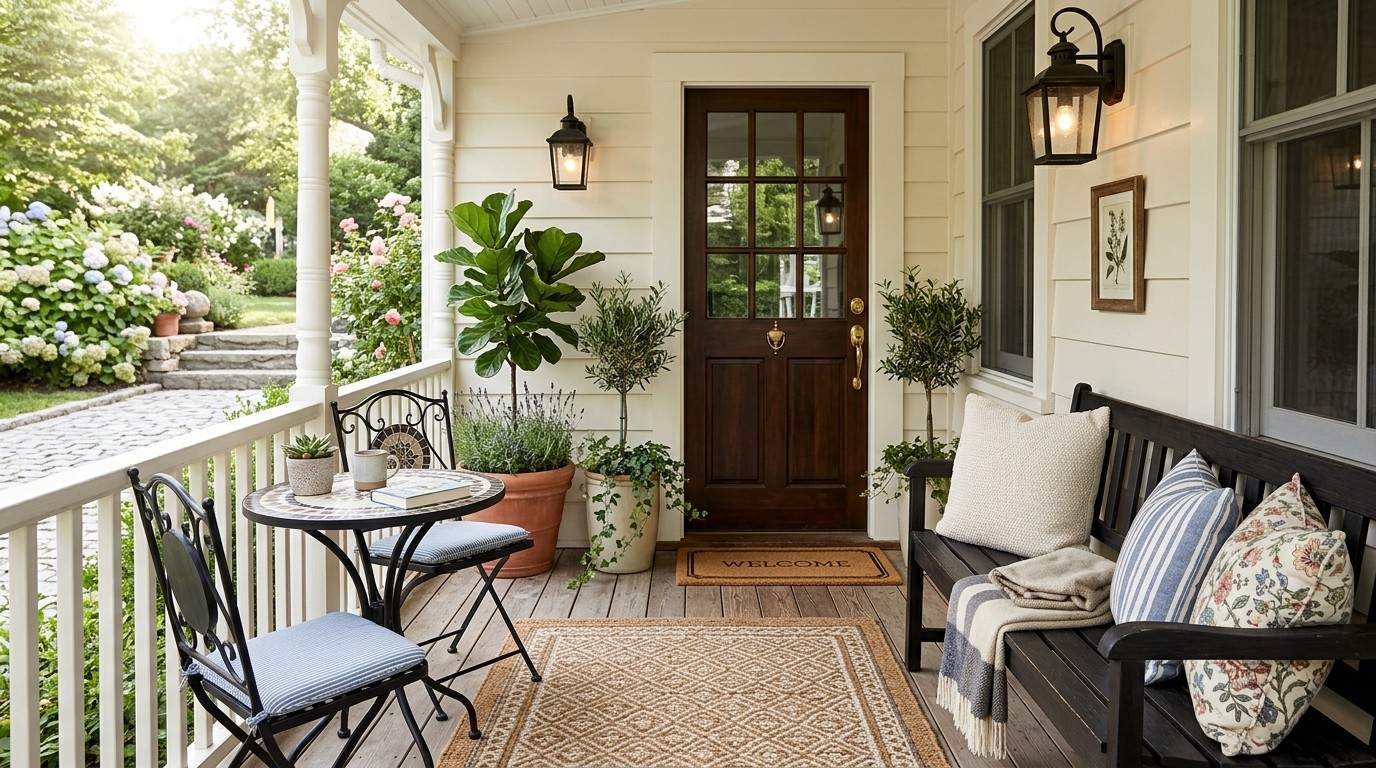 Narrow Front Porch Furniture Ideas showing a cozy front porch with narrow seating and stylish potted plants.