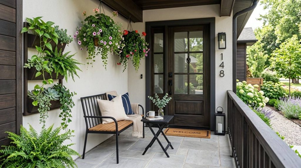 Narrow Front Porch Furniture Ideas showcasing a beautifully arranged front porch with space-saving outdoor furniture.