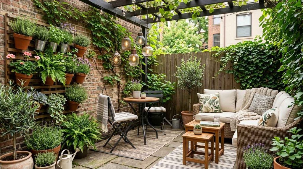 Patio Furniture Arrangement Ideas showing a cozy backyard patio with well-organized furniture for entertaining guests.