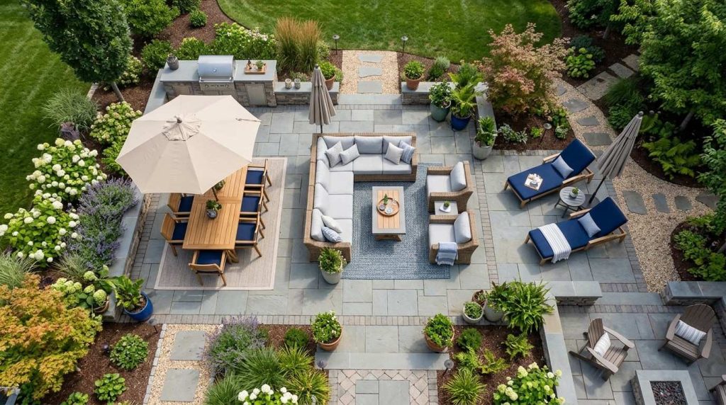 Patio Furniture Arrangement Ideas highlighting a modern patio layout with comfortable seating and decorative plants.