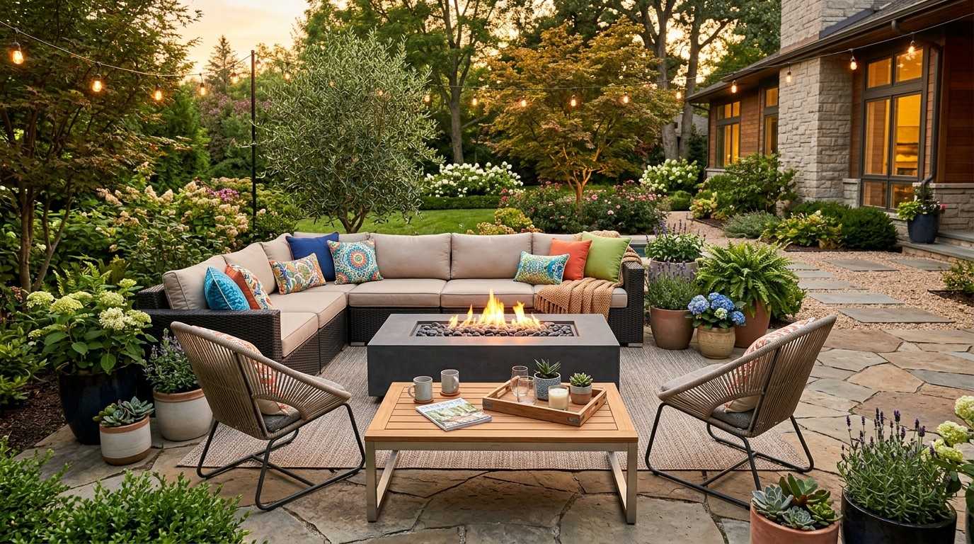 Patio Furniture Arrangement Ideas featuring a stylish outdoor seating area with sofas, chairs, and a coffee table.