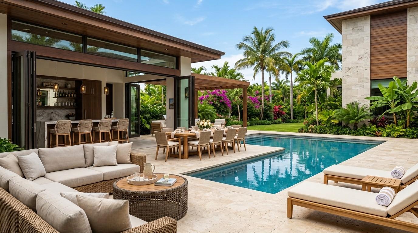 Pool House Furniture Ideas featuring comfortable outdoor sofas, lounge chairs, and a coffee table in a stylish pool house.