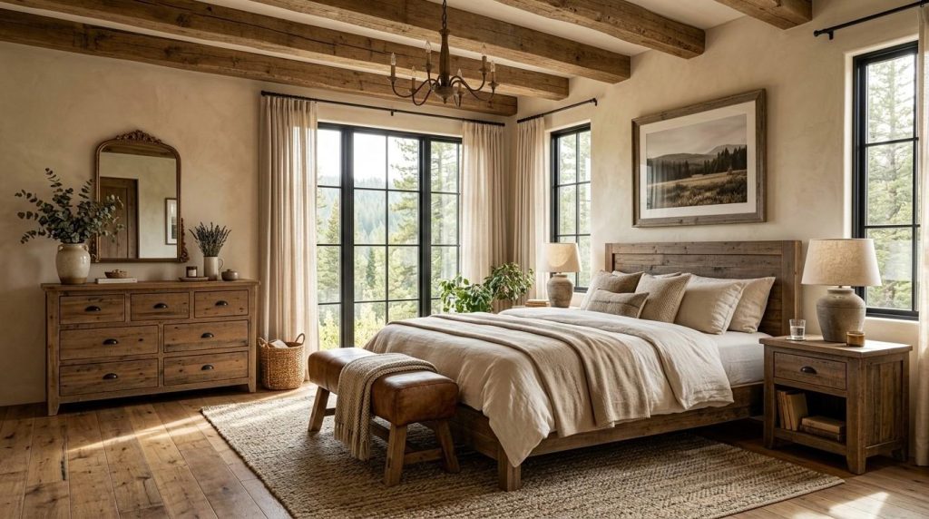 Rustic Bedroom Furniture Ideas featuring a cozy bedroom with reclaimed wood furniture and warm natural décor.