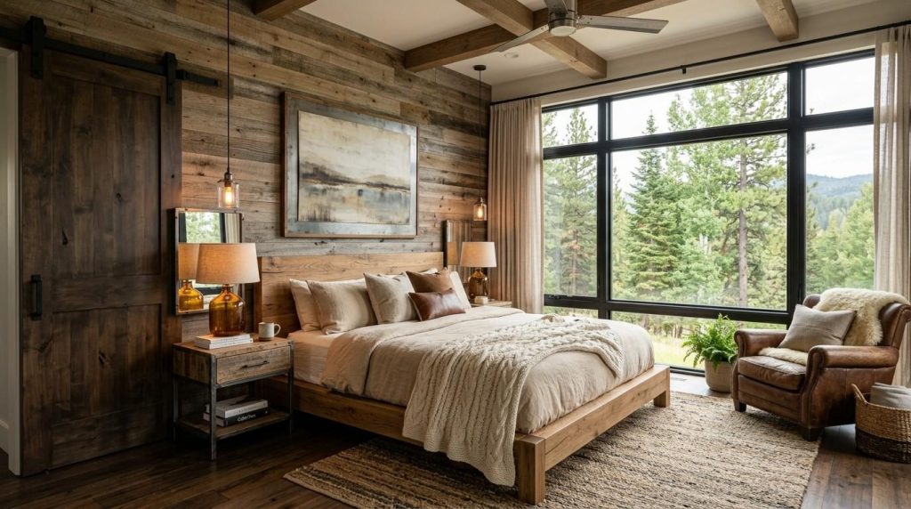 Rustic Bedroom Furniture Ideas showing a farmhouse-style bed, wooden nightstands, and vintage bedroom accents.