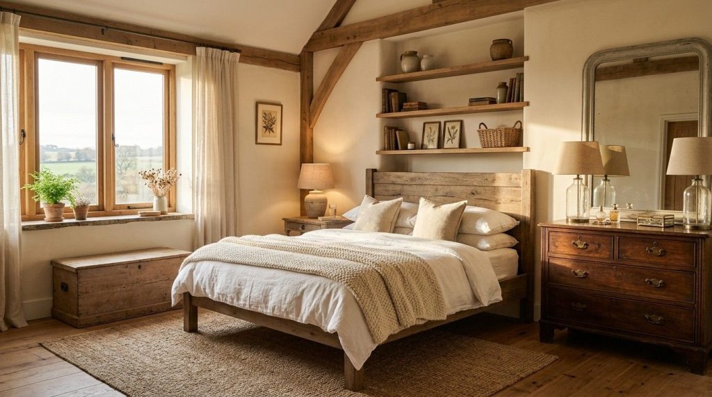 Rustic Bedroom Furniture Ideas highlighting solid wood furniture with neutral bedding and soft lighting.