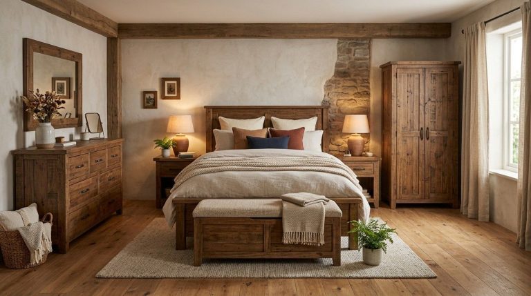 Rustic Bedroom Furniture Ideas showcasing a charming rustic bedroom with exposed wood textures and cozy furnishings.