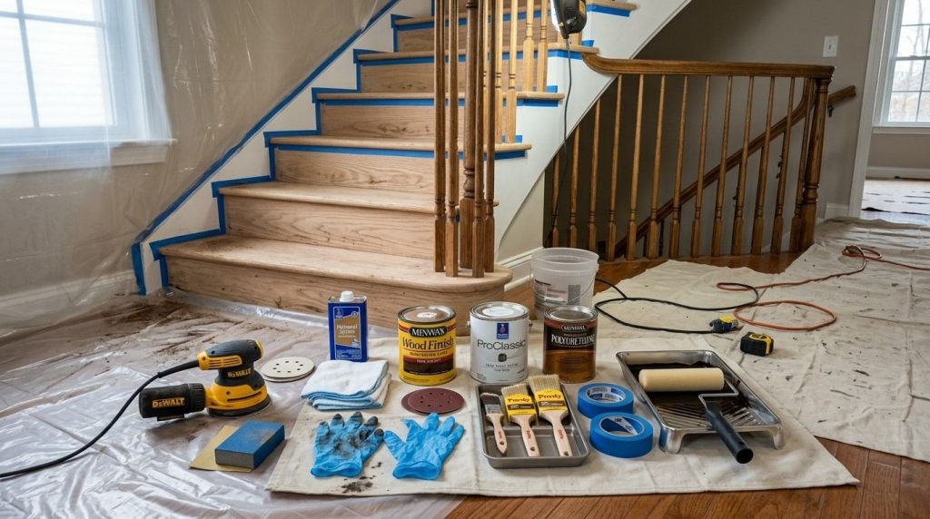 Should You Paint the Walls Before Staining Stairs illustrating a home improvement project with wall painting and stair staining steps.