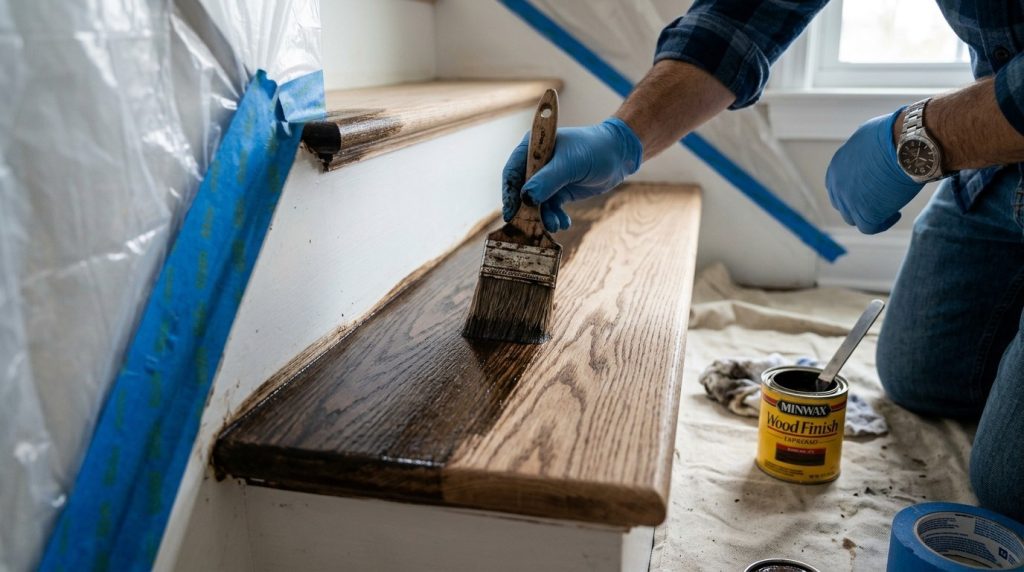 Should You Paint the Walls Before Staining Stairs featuring a homeowner preparing the stair area before applying wood stain.