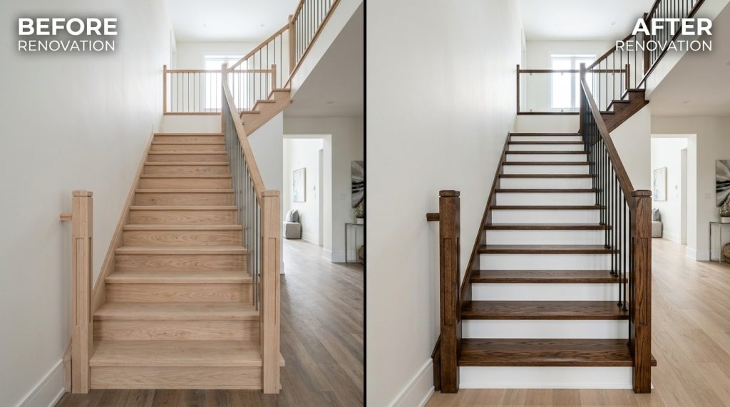 Should You Paint the Walls Before Staining Stairs showing a staircase and freshly painted walls during a home renovation.