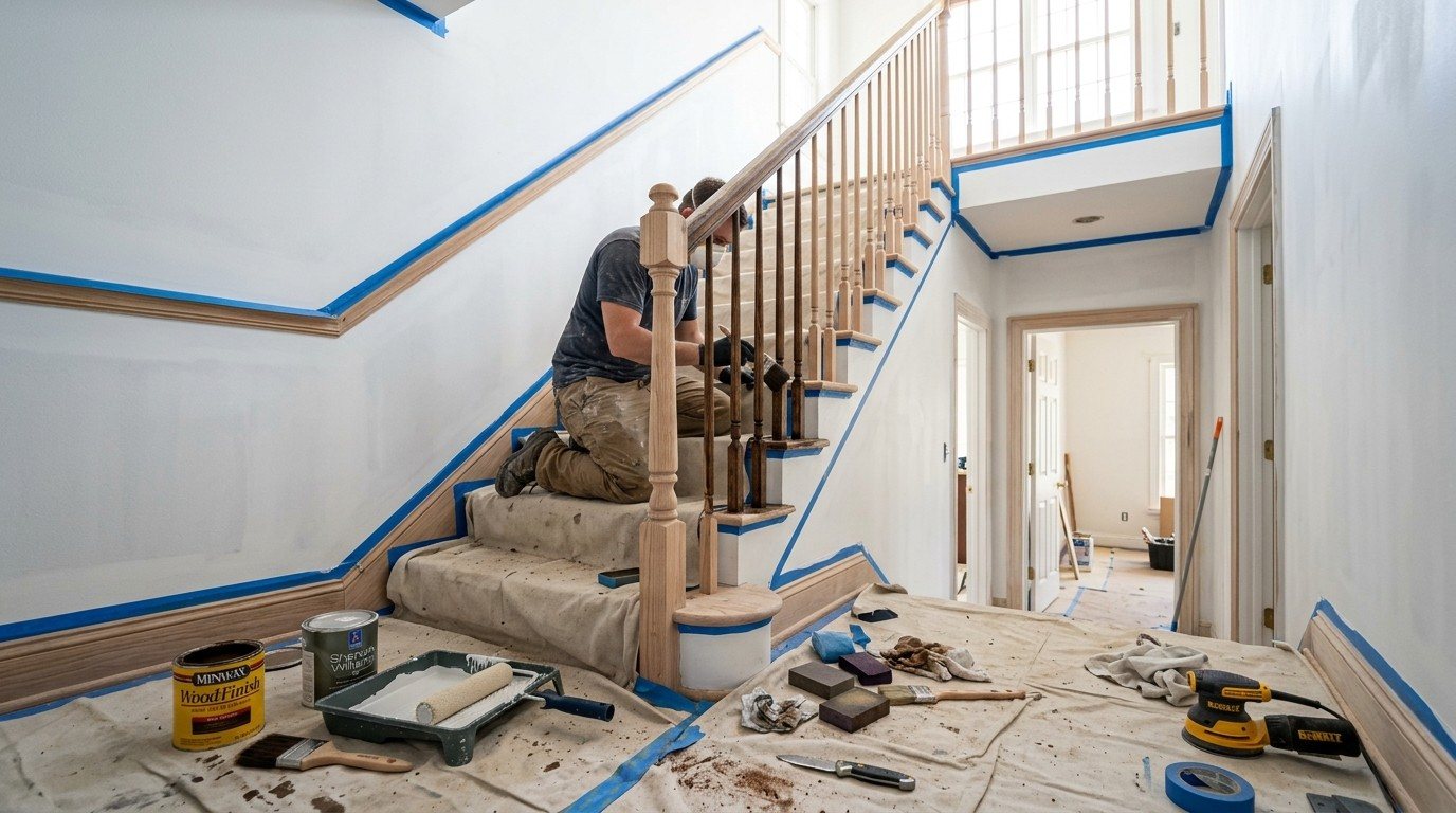 Should You Paint the Walls Before Staining Stairs with painted walls protected while wooden stair treads are being stained.