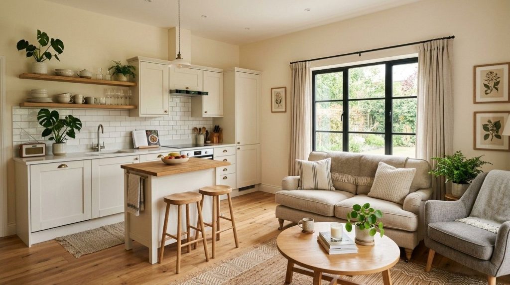 Small Kitchen Sitting Room Ideas featuring a compact seating area with a small sofa, chairs, and a round table.