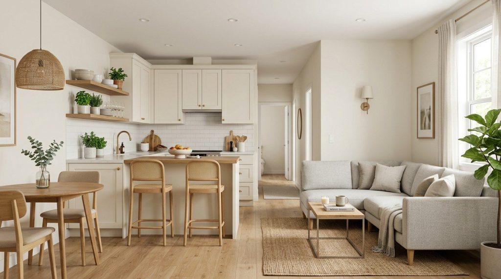 Small Kitchen Sitting Room Ideas highlighting space-saving furniture, neutral décor, and an open kitchen layout.