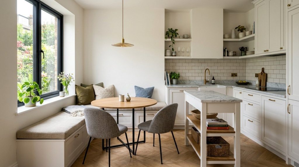 Small Kitchen Sitting Room Ideas showcasing a stylish kitchen nook with compact seating and natural lighting.