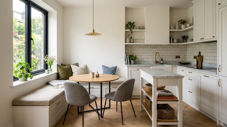 Small Kitchen Sitting Room Ideas showcasing a stylish kitchen nook with compact seating and natural lighting.