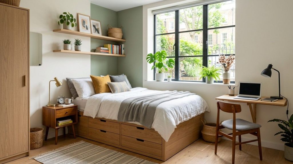 Small Space Bedroom Furniture featuring a compact bed, storage nightstand, and space-saving wardrobe in a modern bedroom.