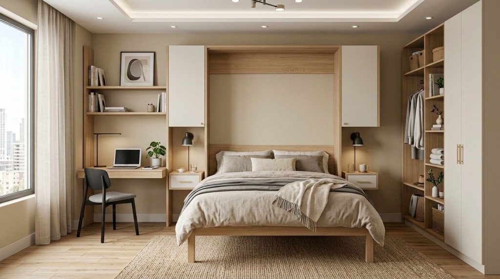 Small Space Bedroom Furniture showing a cozy bedroom with multifunctional furniture designed for limited space.