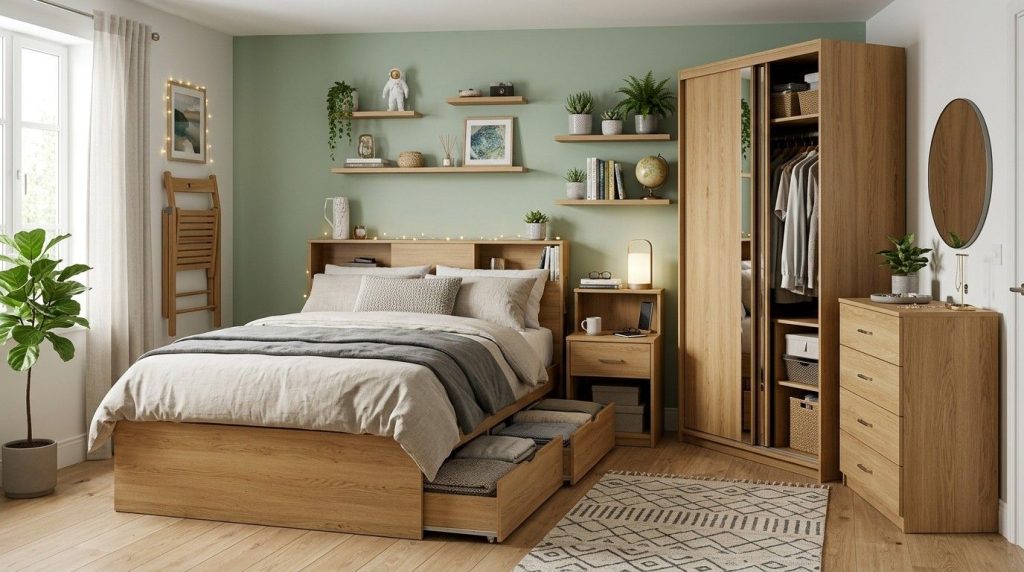 Small Space Bedroom Furniture highlighting smart storage solutions with a minimalist bedroom layout.